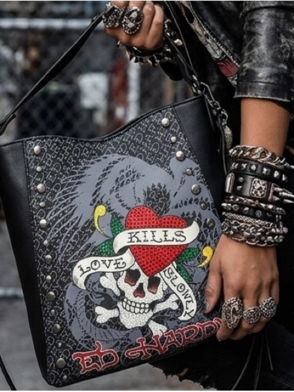 ED HARDY Black Crossbody Tote, Red Heart Skull Graphic w/ Gunmetal Studs 10x10x4